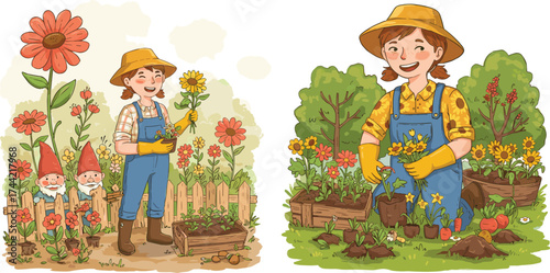 Gardening woman, spring flower planting in garden beds, cheerful female farmer with gloves and hat, nature eco lifestyle vector illustration