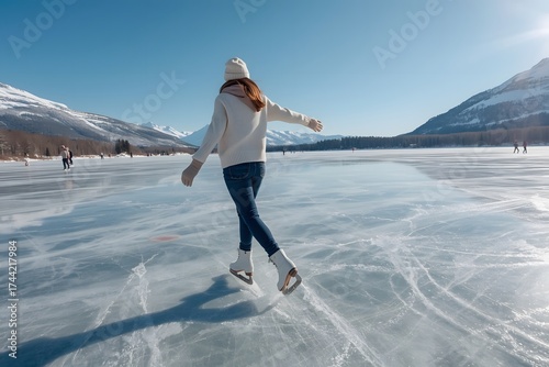 Woman Ice Skating on Frozen Lake in Winter Mountains