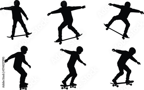 Skateboarder silhouette performing extreme tricks and stunts, dynamic vector illustration showing urban sport, balance, energy, lifestyle, youth culture, adventure