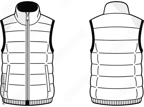 Sleeveless padded vest technical drawing, front and back view, quilted jacket design with zipper, high collar, fashion garment vector illustration