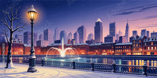 Vibrant Winter Cityscape Illustration with Fountain, Snowy Park, Decorative Street Lamp, and Modern Skyline at Dusk