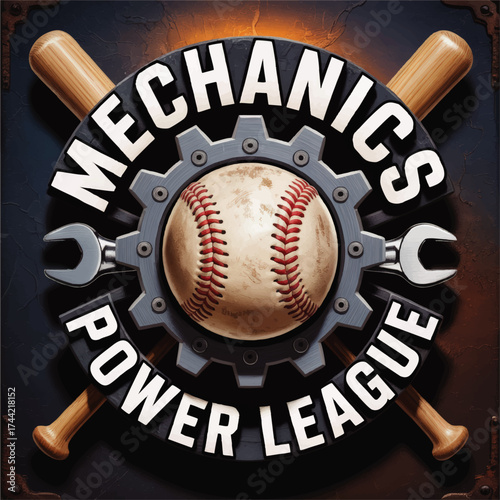 Mechanics Power League Baseball Emblem with Gear, Wrenches, and Bats – Industrial Sports Team Logo Design