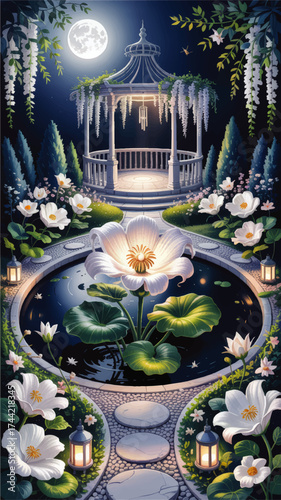 Enchanted Moonlit Garden with Gazebo, Blooming White Flowers, Serene Pond, Stepping Stones, Lanterns, and Lush Foliage Illustration