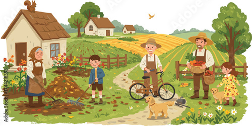 happy farming family in countryside village, people harvesting vegetables and gardening in autumn rural landscape, traditional lifestyle and nature concept, cartoon vector illustration