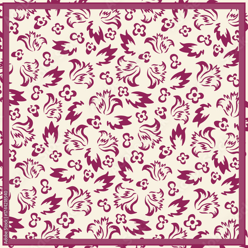 Print for kerchief, bandana, scarf, handkerchief, shawl, neck scarf. Squared pattern with ornament for fabric, textile, silk products. Paisley vector with abstract flowers. Floral folk tracery.