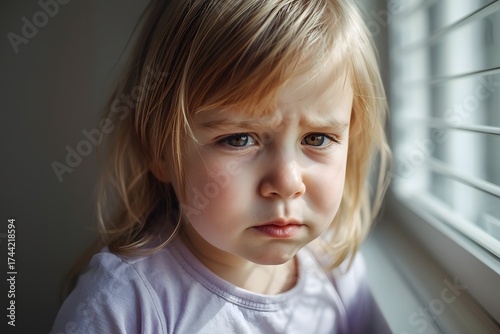 Upset Little Girl Looking Out Window in Natural Light
