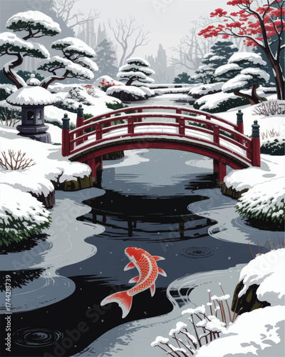 Tranquil Japanese Garden in Winter with Red Wooden Bridge, Koi Fish, Snow-Covered Trees, and Serene Stream Illustration