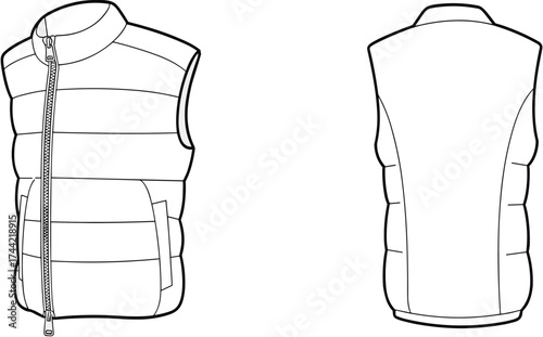 Technical flat sketch sleeveless padded vest, quilted jacket front and back view, zipper closure, high collar, fashion garment apparel illustration