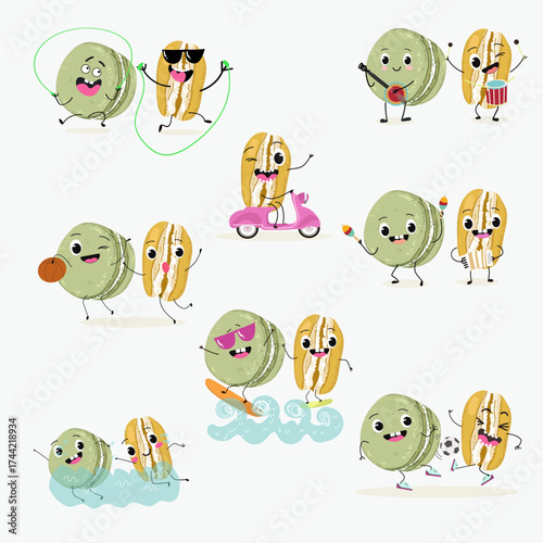  Macarons funny characters, hand drawn vector illustration.