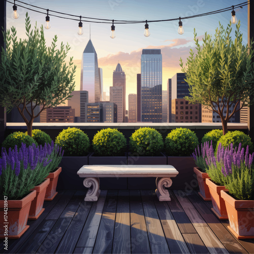 Modern rooftop terrace garden with potted plants, stylish bench, city skyline, and string lights at sunset ambiance