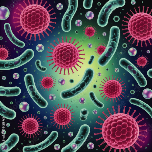 Colorful Microbiology Illustration of Viruses, Bacteria, and Germs on Glowing Gradient Background for Science and Medicine Concepts