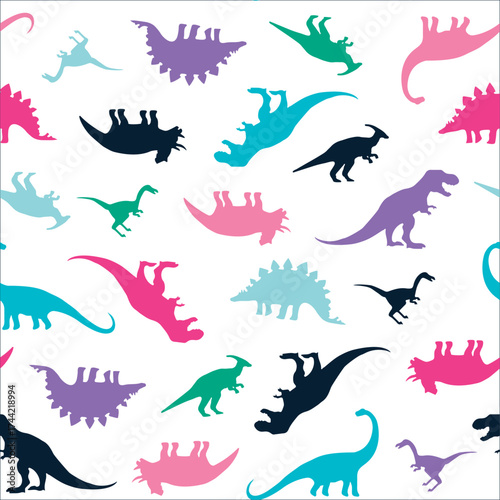 Seamless pink and purple dinosaur silhouette pattern. Repeating vector print with a variety of species of dinosaurs on a white background. Apparel graphic artwork.