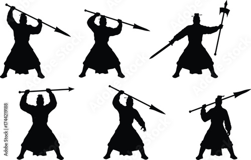 Traditional martial arts warrior silhouette vector illustration showing fighter with spear weapon performing cultural combat stances, poses, movements, and techniques