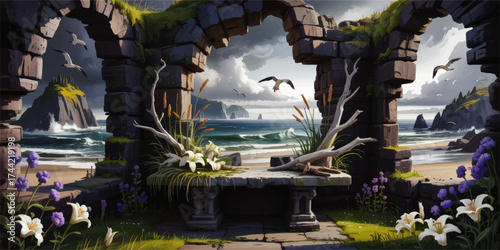 Mystical Coastal Ruins with Wildflowers, Arched Stone Windows, Ocean Waves and Seagulls Under Dramatic Sky – Fantasy Landscape Illustration