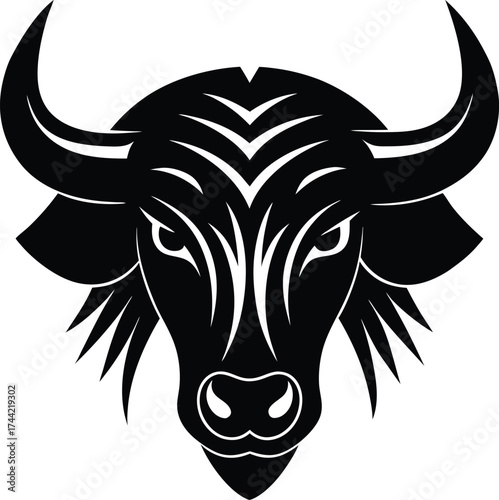 Black and tribal style vector bull head tattoo design with a wild and aggressive mascot symbol illustration