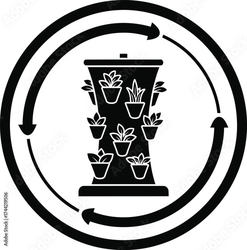 Circular arrow symbol representing vertical farming system with potted plants on a tower