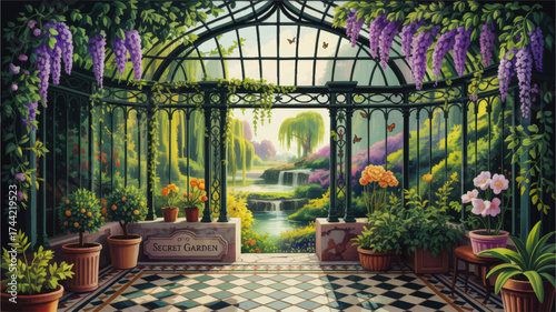 Enchanting Secret Garden Greenhouse With Colorful Spring Flowers, Potted Plants, Waterfall, And Sunlit Tranquil Nature Scene Art