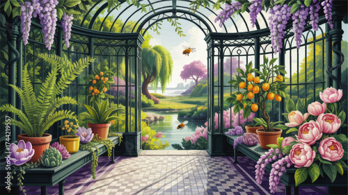 Enchanting Sunlit Greenhouse With Lush Potted Plants, Blooming Flowers, Orange Trees, and Picturesque Garden View