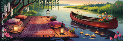 Cozy Lakeside Dock with Cushions, Lanterns, Red Canoe of Flowers, and Glowing Candles at Sunset – Tranquil Nature Retreat Illustration