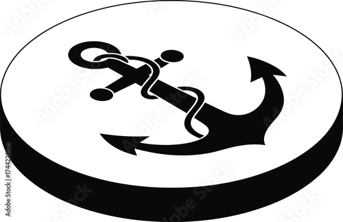 Classic black anchor symbol with rope coiled around it inside a circular frame on a white background
