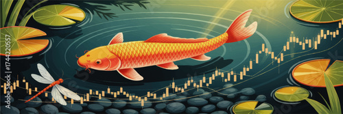 Vibrant Koi Fish in Pond With Stock Market Candlestick Chart, Dragonfly and Lily Pads, Financial Success Concept Illustration