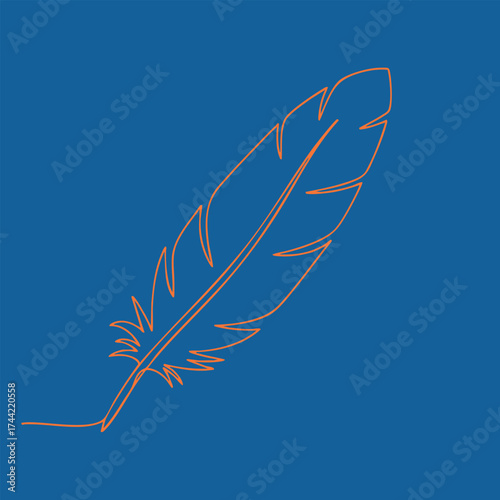Minimalist line art of a detailed feather with intricate barbs and central shaft on a solid