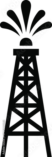 Black silhouette of an oil derrick with oil gushing upwards