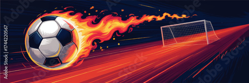 Dynamic Soccer Ball on Fire Heading Toward Goal – Intense Sports Illustration, Action, Energy, Night Stadium, Vibrant Colors