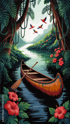 Vibrant Tropical Jungle River with Canoe, Exotic Parrots, Lush Foliage, Hibiscus Flowers, Nature Adventure Illustration