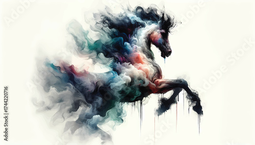 Vibrant, dreamlike horse artwork in a swirled explosion of color and smoke, with ink-like drips. Dynamic, artistic representation ideal for bold walls, creative campaigns.