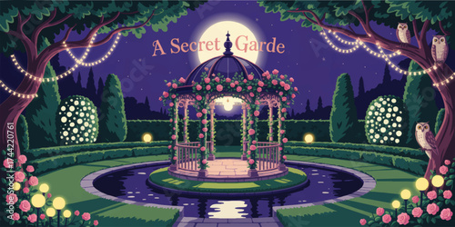 Enchanted Secret Garden Gazebo at Night with Fairy Lights, Full Moon, Roses, Owls, and Lush Greenery – Magical Fantasy Illustration