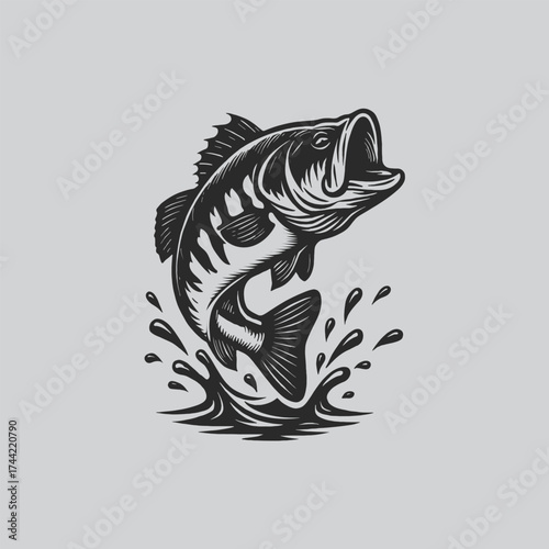 Large mouth Bass Sport Fishing Black and White Drawing