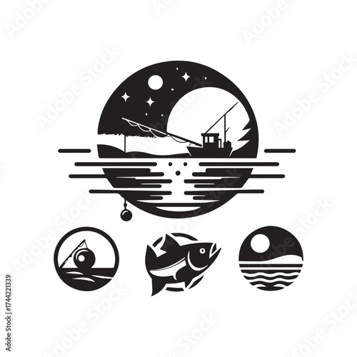 Group of black and white circular fishing emblems with night and day scenes and fish logo silhouette