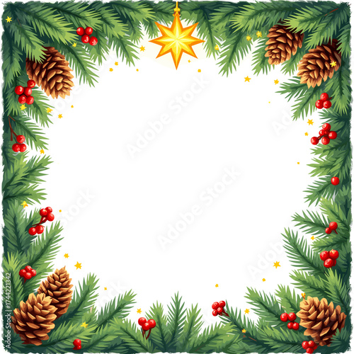 Christmas pine frame with golden star and snow covered cones bright festive decoration perfect for holiday invitations cards or seasonal backgrounds