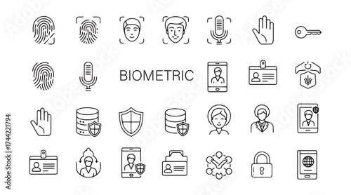 Biometric Line Icons Set. Vector illustration in modern thin line style of fingerprint scanning, facial recognition, secure ID, and identity verification concepts. Isolated on transparent background.