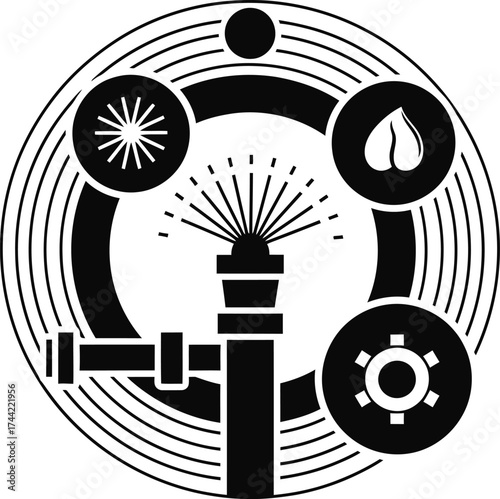 Abstract circular design featuring irrigation system components and water droplet symbol