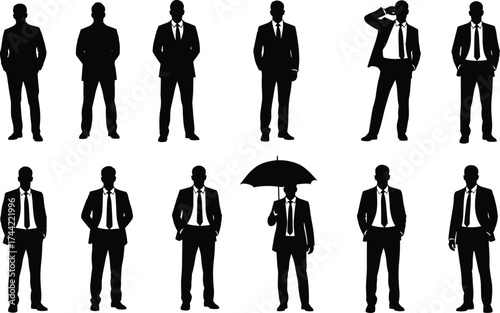 Businessman silhouette vector set, corporate male poses, formal suit illustration, office gesture icons, executive posture clipart, professional character design, business people graphic