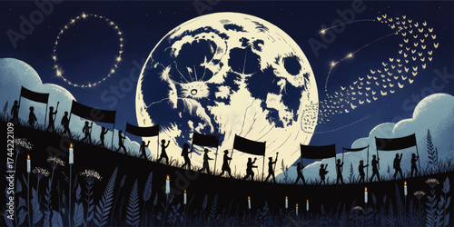 Peaceful Nighttime Protest March Silhouette with Banners, Candles, and Full Moon in Dreamy Blue Landscape Illustration