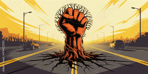 Powerful Raised Fist with Roots Breaking Asphalt, Crowds Rallying for Change on Urban Street at Sunset, Vector Illustration