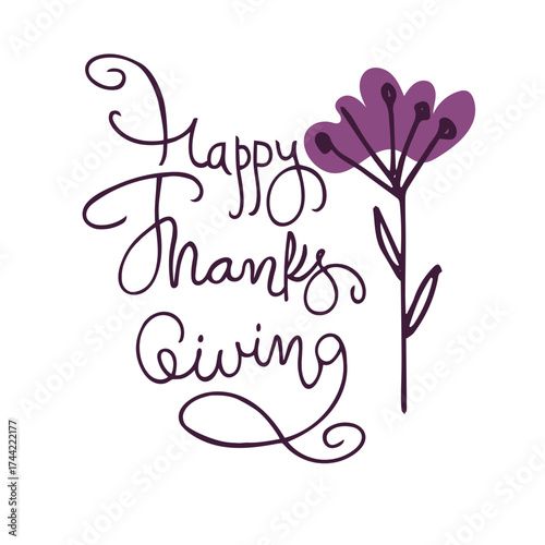 Thanksgiving holiday design. Hand lettering in one color trend with a garland of pumpkins and pumpkin leaves. Greeting card template, logo, emblem