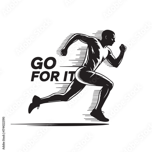 Black and White Vector of Running Man with "GO FOR IT" Text