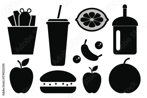 Fast Food and Fruit Icons Set french fries soda cup