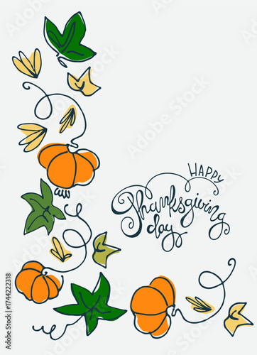 Thanksgiving holiday design. Hand lettering in one color trend with a garland of pumpkins and pumpkin leaves. Greeting card template, logo, emblem