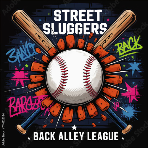 Urban Street Baseball Graffiti Art – Back Alley League, Colorful Baseball Bat and Ball Breaking Brick Wall, Sports Illustration