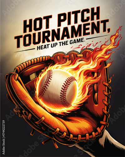 Fiery Baseball Illustration, Hot Pitch Tournament Sports Poster, Flaming Ball in Glove, Intense Competition Concept Art