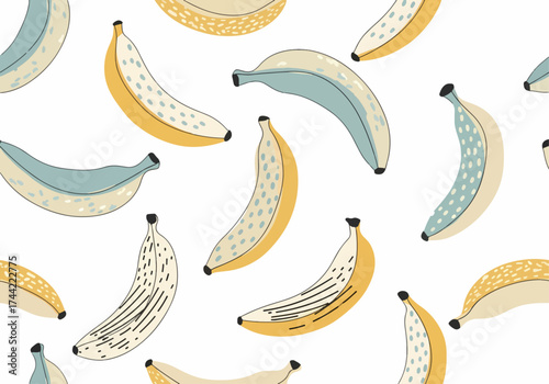 Seamless vector pattern of ripe yellow bananas featuring organic tropical fruit illustrations isolated on a white background for healthy vegetarian diet and snack designs