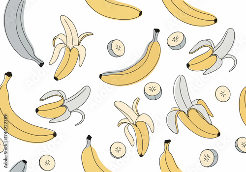 Seamless vector illustration of a healthy ripe yellow banana pattern with fresh tropical fruit food isolated on a white background for an organic vegetarian diet snack