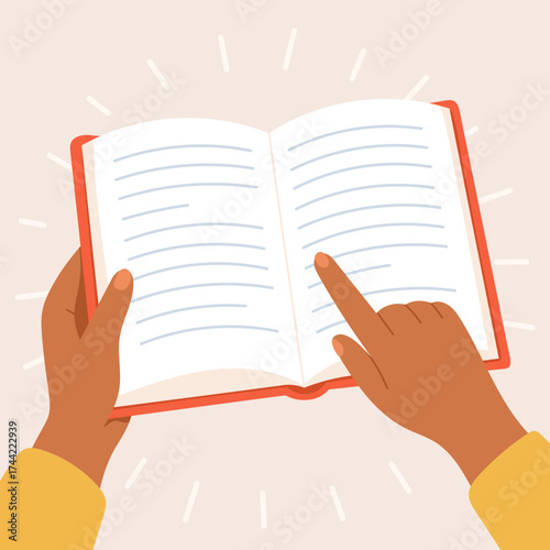 Engaging with Literature: A Hands-On Approach to Reading and Learning Through an Open Book. Vector cartoon illustration of Refer symbol, a human hand hold book and point at.