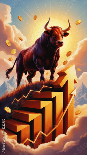 Majestic Bull Symbolizing Stock Market Growth with Golden Coins, Upward Arrow Graph, and Vibrant Sunrise in Financial Success Concept Art