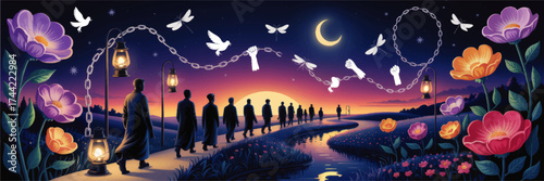 Surreal Night Journey of People Along Lantern Pathway with Chained Hands, Doves, and Blossoming Flowers Under Crescent Moon